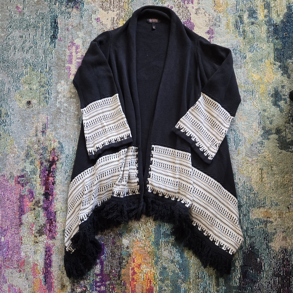 Shyanne Black and Cream High Low Fringe Cardigan